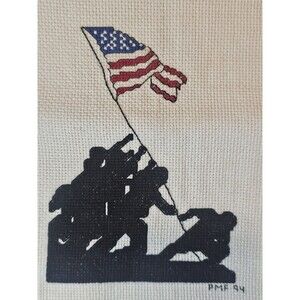 Vintage Signed Hand-stitched Needlepoint Of Marines Raising Flag on Iwo Jima
